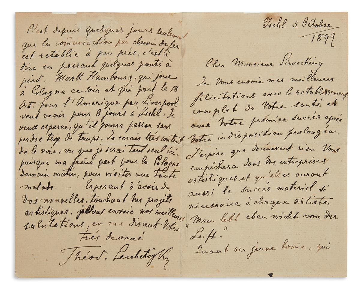THEODOR LESCHETIZKY. Autograph Letter Signed, Théod. Leschetizky, to Dear Mr. Sievecking, in French, concern...